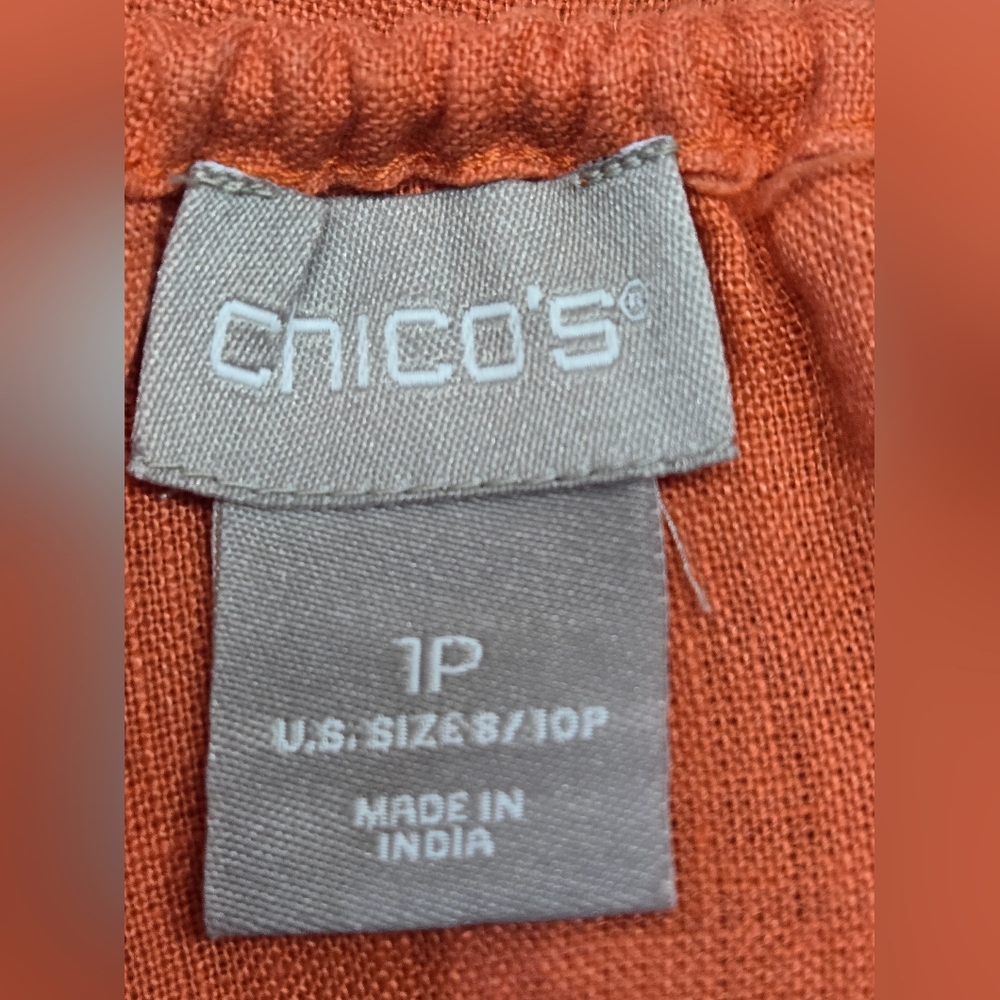Chico's Coral/Orange Linen with Gold Lace Hobo Blouse/Top. Size 8-10P - Picture 5 of 6